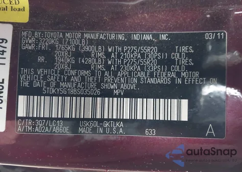 2011 Toyota Sequoia Limited 5.7L V8 z USA, uszkodzony, nr VIN 5TDKY5G18BS035026